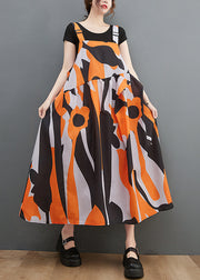 Orange print Patchwork Long Spaghetti Strap Dresses Ruffles Summer