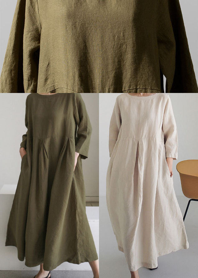 Organic Army Green O-Neck Loose Cotton Dress Spring