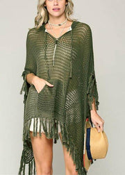 Organic Army Green knit fabric hooded Tassel Beach Gown Holiday Dress - SooLinen