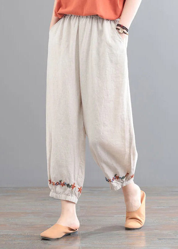 Organic Beige Embroideried Floral Pockets Crop Pants Summer