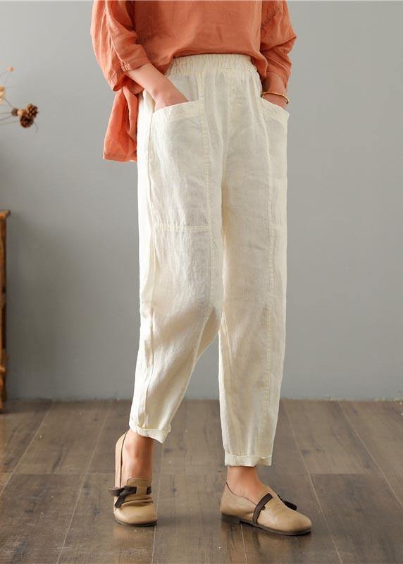 Organic Beige High Waist Harem Cotton Linen Pants Summer - SooLinen