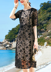 Organic Black O-Neck Embroideried Side Open Silk Dinner Dress Short Sleeve