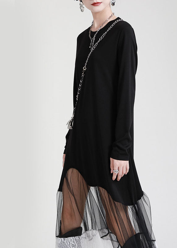 Organic Black Patchwork Lace Tulle asymmetrical design Fall Maxi Dress Long sleeve