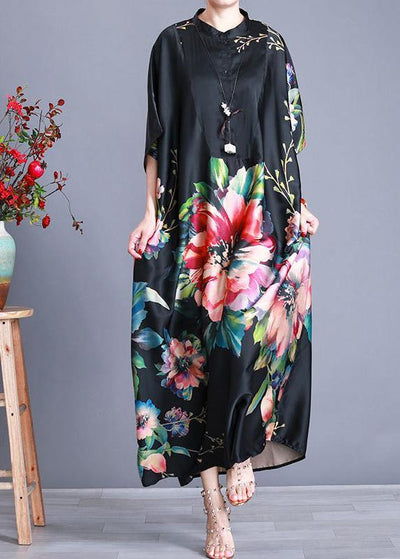 Luxy Black Silk Dress Long Batwing Sleeve Maxi Dresses Caftan - SooLinen