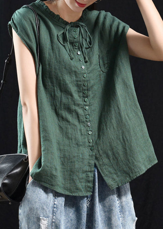 Organic Blackish Green Patchwork Ruffled Top Short Sleeve