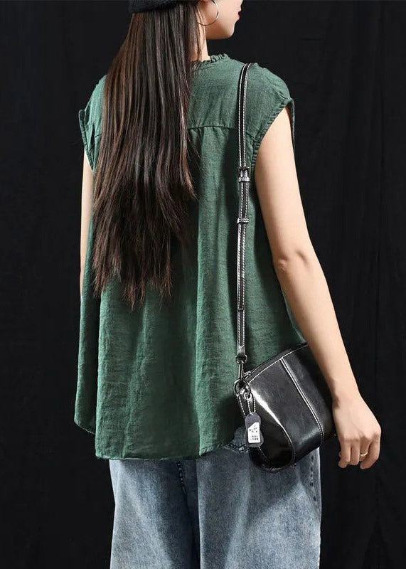 Organic Blackish Green Patchwork Ruffled Top Short Sleeve