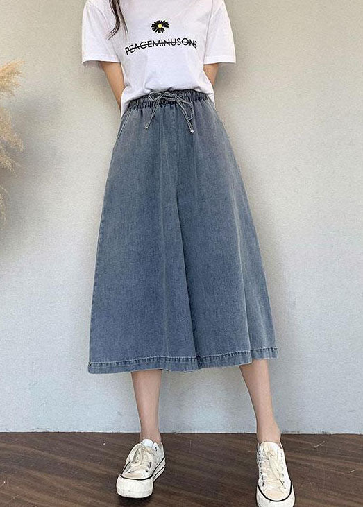 Organic Blue Elastic Waist Drawstring Pockets Cotton Wide Leg Pants Jeans Summer