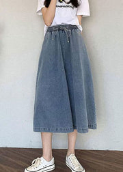 Organic Blue Elastic Waist Drawstring Pockets Cotton Wide Leg Pants Jeans Summer