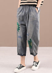 Organic Blue Embroideried Summer Regular Denim Pants - SooLinen