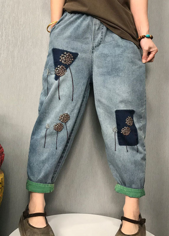 Organic Blue Embroidered Harem Denim Hosen Frühling