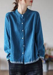 Organic Blue Loose Button Herbst Langarm-Blusen