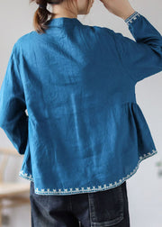 Organic Blue Loose Button Herbst Langarm-Blusen