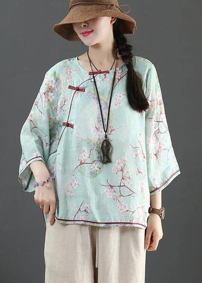 Organic Blue Print Linen Half Sleeve Top Summer - SooLinen