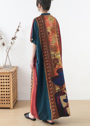 Organic Blue Red Print Oriental Summer Chiffon Dress - SooLinen