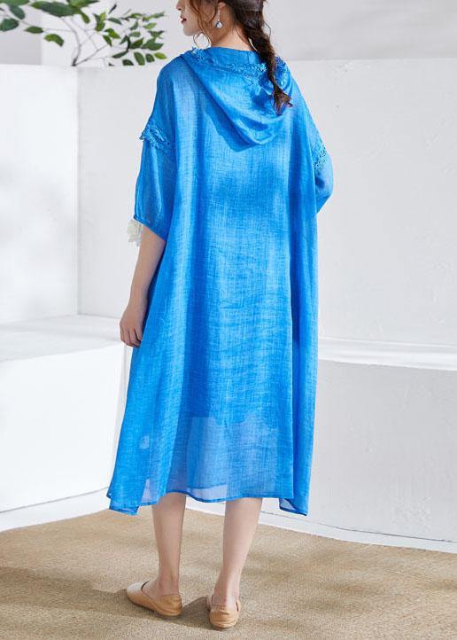 Organic Blue Ruffled Patchwork Summer Ramie Maxi Dresses Half Sleeve - SooLinen