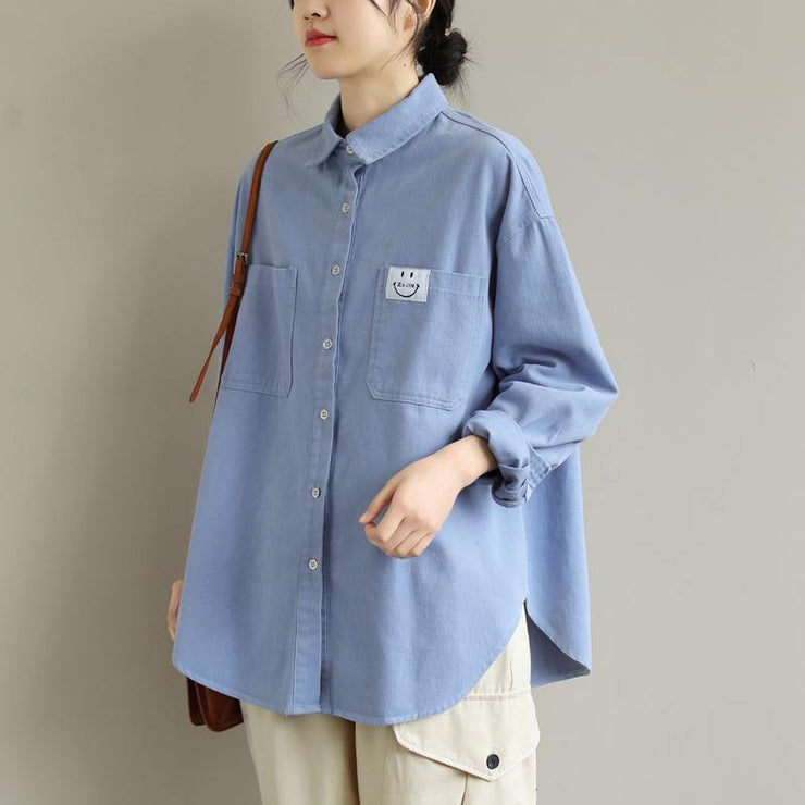 Organic Blue Smiling Face Top Lapel Button Down Midi Spring Shirts - SooLinen