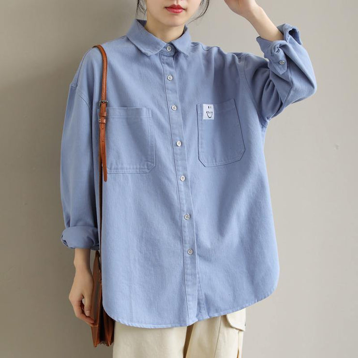 Organic Blue Smiling Face Top Lapel Button Down Midi Spring Shirts - SooLinen