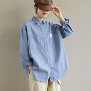 Organic Blue Smiling Face Top Lapel Button Down Midi Spring Shirts - SooLinen