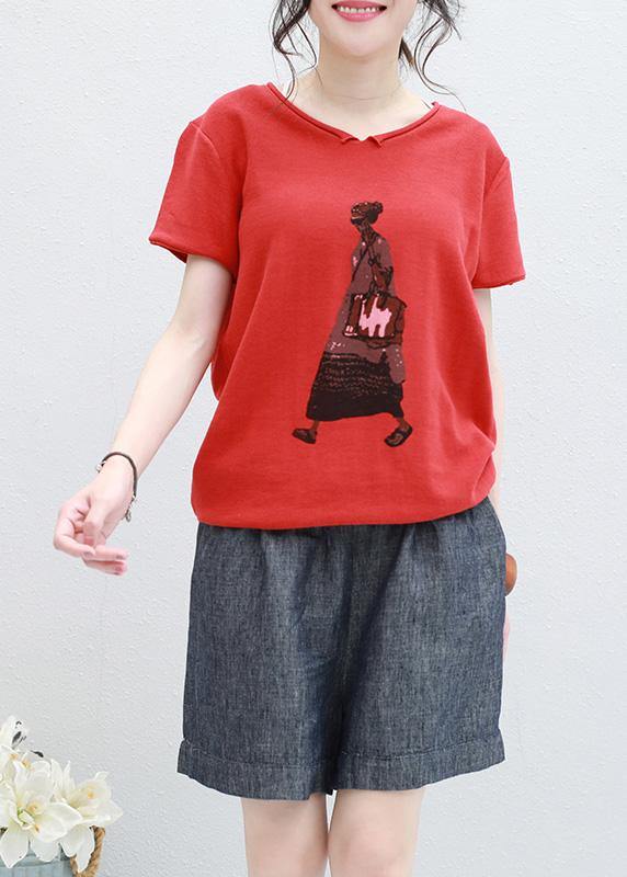 Organic Cartoon print v neck cotton Long Shirts red silhouette summer shirt - SooLinen