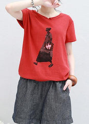 Organic Cartoon print v neck cotton Long Shirts red silhouette summer shirt - SooLinen