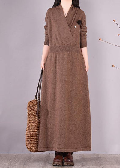 Organic Chocolate Clothes V Neck Asymmetric Dresses Spring Dresses - SooLinen