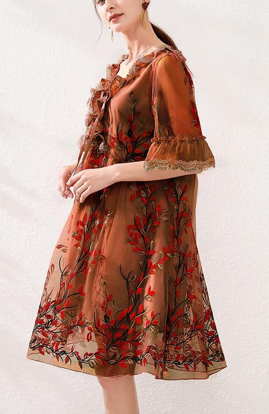 Organic Chocolate Embroidery Lace Butterfly Sleeve Summer Robe Dresses - SooLinen