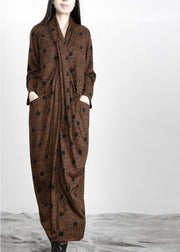 Organic Chocolate Jacquard WrapLoose Maxi Dresses Fall - SooLinen