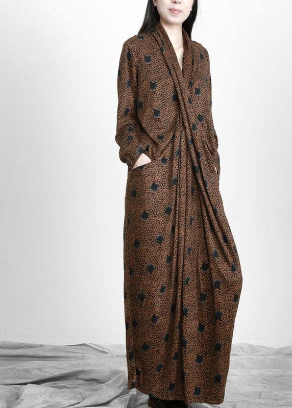 Organic Chocolate Jacquard WrapLoose Maxi Dresses Fall - SooLinen