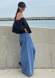 Organic Denim Blue Zip Up Pockets Wide Leg Pants Summer