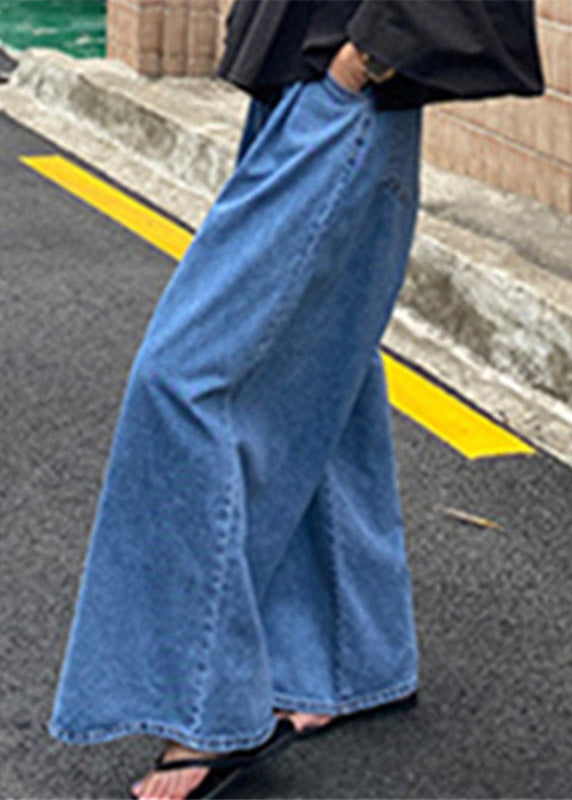 Organic Denim Blue Zip Up Pockets Wide Leg Pants Summer