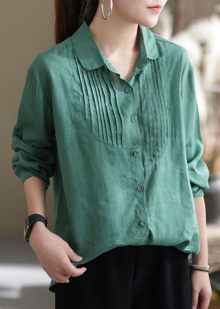 Organic Green Button Wrinkled Peter Pan Collar Linen Blouses Long Sleeve