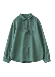 Organic Green Button Wrinkled Peter Pan Collar Linen Blouses Long Sleeve