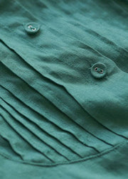 Organic Green Button Wrinkled Peter Pan Collar Linen Blouses Long Sleeve