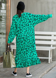 Organic Green Leopard Knit Fall Vacation Dresses Long Sleeve