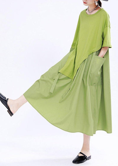 Organic Green O-Neck Loose Ankle Summer Cotton Dress - SooLinen