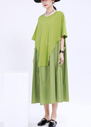 Organic Green O-Neck Loose Ankle Summer Cotton Dress - SooLinen