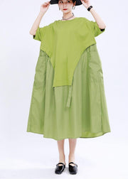 Organic Green O-Neck Loose Ankle Summer Cotton Dress - SooLinen