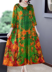 Organic Green O-Neck Print Long Dresses Spring