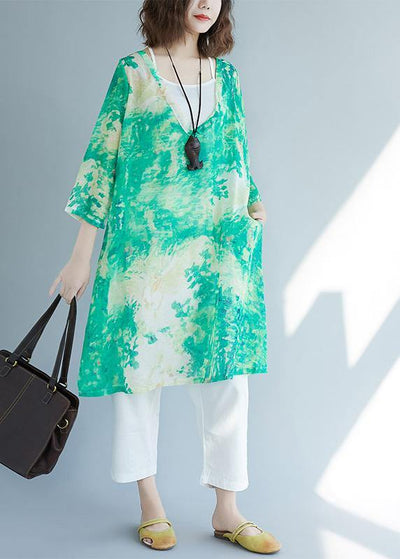 Organic Green Print Shirts V Neck Pockets  Blouses - SooLinen