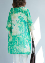 Organic Green Print Shirts V Neck Pockets  Blouses - SooLinen