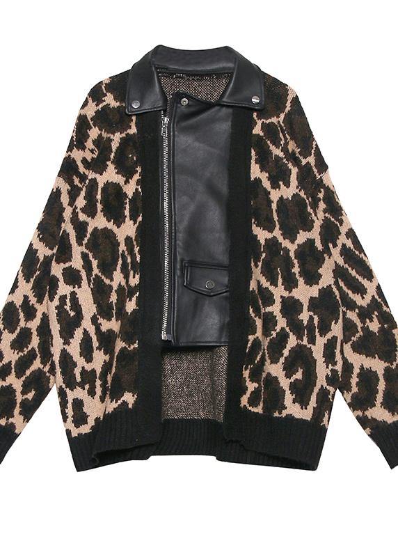 Organic Leopard Fashion Coats Women Cotton lapel zippered outwear - SooLinen