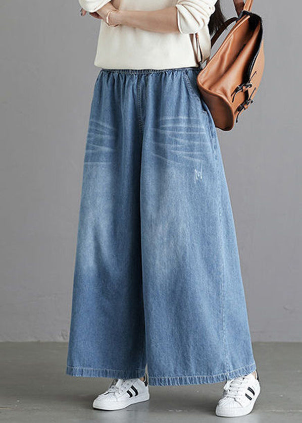 Organic Light Blue Elastic Waist Pockets Cotton Wide Leg Denim Pants Spring