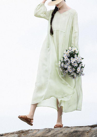 Organic Light Green V Neck Pockets Ankle Summer Linen Dress - SooLinen