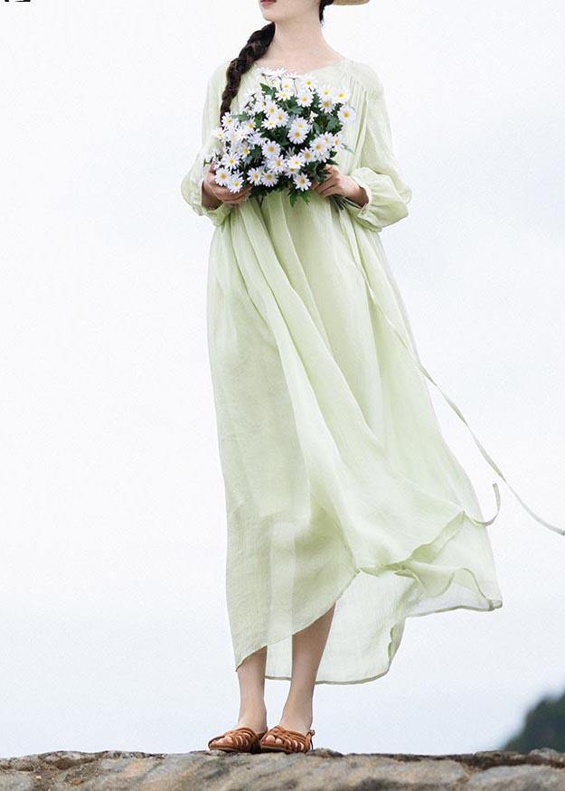 Organic Light Green V Neck Pockets Ankle Summer Linen Dress - SooLinen