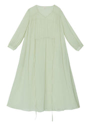 Organic Light Green V Neck Pockets Ankle Summer Linen Dress - SooLinen