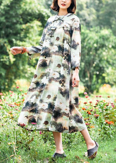 Organic Lotus Quilting Dresses Stand Collar Chinese Button Robes Spring Dresses - SooLinen