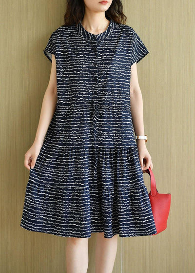 Organic Navy O-Neck Button Print Summer Short Sleeve Dress - SooLinen