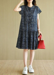 Organic Navy O-Neck Button Print Summer Short Sleeve Dress - SooLinen