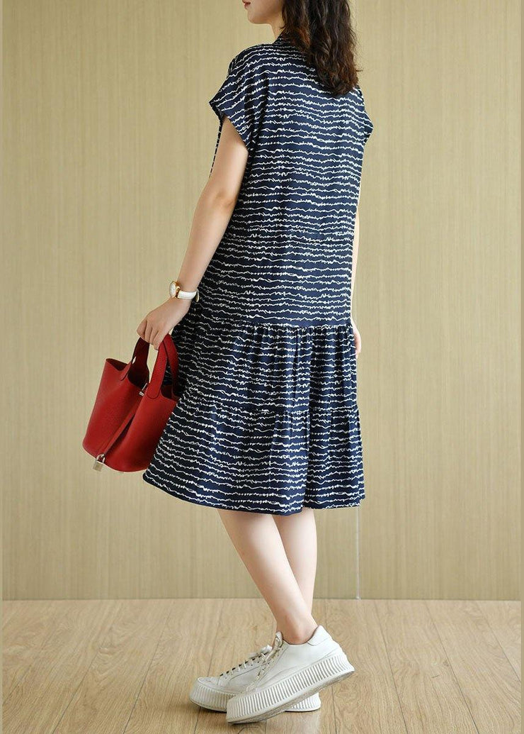 Organic Navy O-Neck Button Print Summer Short Sleeve Dress - SooLinen