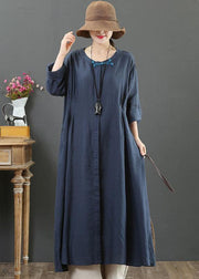 Organic O Neck Patchwork Spring Outfit Wardrobes Navy Maxi Dresses - SooLinen